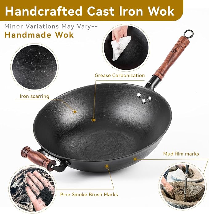 WANGYUANJI 13.4" Cast Iron Wok with Glass Lid, Flat Bottom | Uncoated cast iron wok with glass lid for stir-frying on induction, gas and electric stoves.