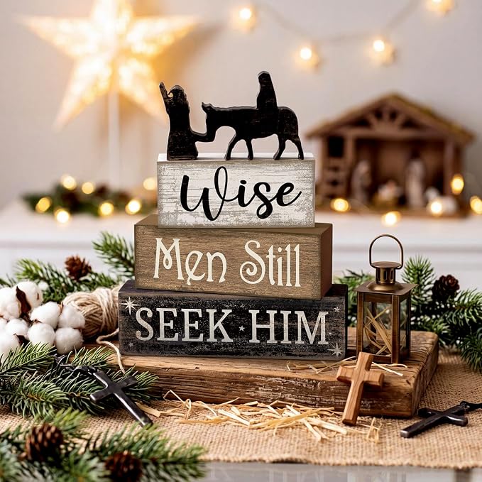 Lineshading 4 Pcs Christmas Nativity Wooden Blocks Wise Men Table Decor | Christian Tiered Tray Decor, Seek Him Message, Rustic Stackable Blocks for Church Home Office Desk, Nativity Scene Display