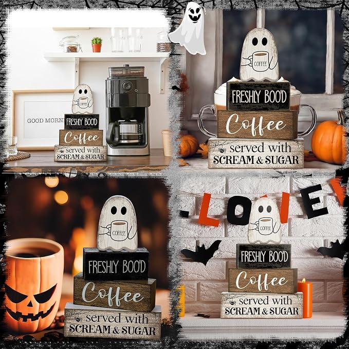 Lineshading 4 Pcs Halloween Coffee Table Decor Wooden Ghost Coffee Bar Sign | Stackable Blocks Bar Farmhouse Rustic Ghost Tiered Tray Decor Festive Boo Wooden Signs Home Office Kitchen Shelf