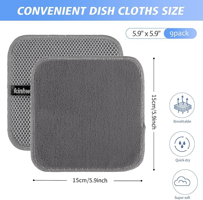 Dish Cloths for Washing Dishes with Scrub Side, Microfiber Dish Rags | Dual-sided microfiber dish cloths with scrubber for stuck-on food, quick dry kitchen washcloths 9 Pack, 6" x 6 Inch Gray