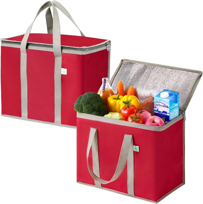 VENO 2 Pack Cooler Bag Insulated Grocery Bags for Food Delivery Heavy Duty | Large Collapsible Cooler, Reusable Shopping Tote w/ Zippers, Foldable, Stands Upright, for Groceries Camping (Red, 2 Pack)