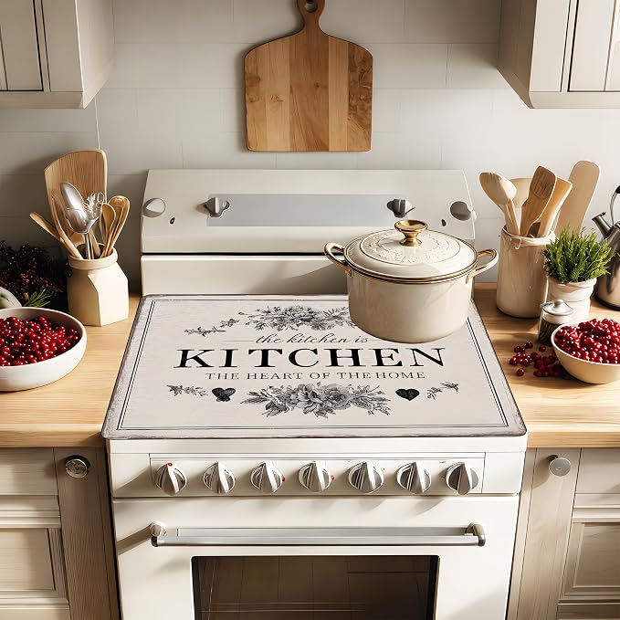 Floral Stove Top Cover Mat, Farmhouse Decor, 28.5 x 20.5In(Gray wood planks)