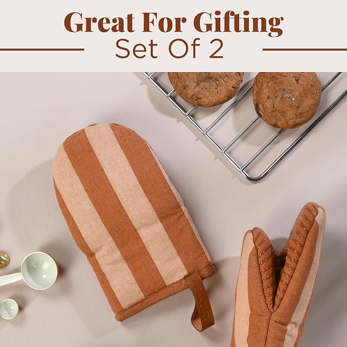 Folkulture Fall Oven Mitts, Brown, Set of 2, Heat Resistant - (5.75"x9") | 100% Cotton, Non Slip, Heat Resistant, Silicone, Cute Striped Mini Mits with Hanging Loop, Fall Kitchen Décor, Cooking Gifts