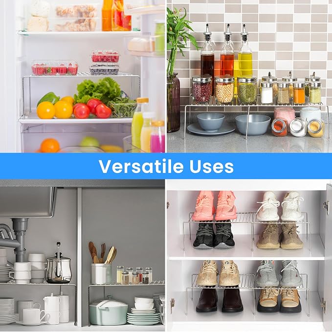 Tomorotec Expandable Kitchen Cabinet Organizer Stainless Steel Shelf Silver | Adjustable from 12.8 to 22.8 Inches Rustproof with Anti-Slip Feet for Pantry Bathroom Closet and Countertop Organization