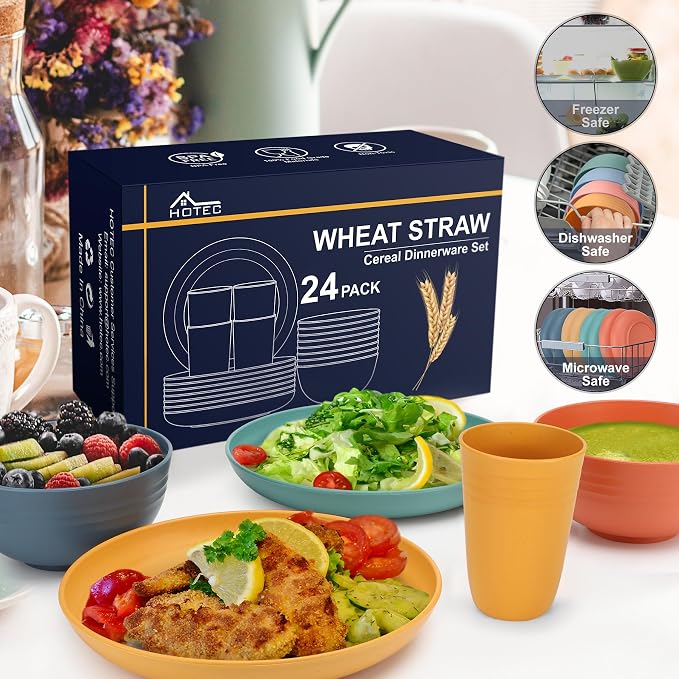 HOTEC 24-Pack Unbreakable Kitchen Plastic Wheat Straw Dinnerware Set – BPA-Free Plates, Bowls & Cups | Lightweight, Microwave & Dishwasher Safe | Multicolor Reusable Tableware for Home & Outdoor Use