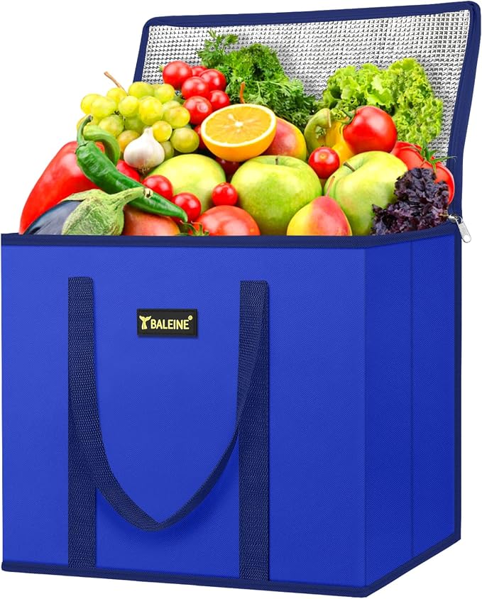 BALEINE 1PK Insulated Reusable Grocery Bag, Heavy Duty Shopping Tote | Foam & Foil Insulation, 9" Long Handles, Reinforced Bottom Keeps Upright, Fold Flat Storage, Water-Resistant Shopping Bag