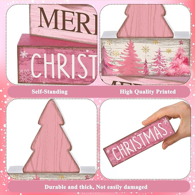 Lineshading 4 Pcs Wooden Merry Christmas Block Signs Pink Farmhouse Decor | Rustic Signs for Tiered Tray, Tabletop Centerpiece, Holiday Theme Display, Tree Shape Topper Included, Gift Ready
