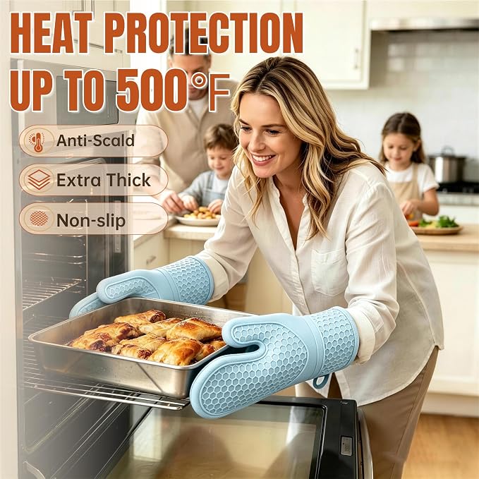 Silicone Oven Mitts 2-Pack, Heat Resistant Non-Slip Grip Gloves, Green