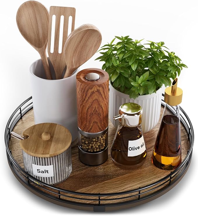 Acacia Wood 12" Lazy Susan Turntable Organizer for Table Top, Farmhouse Round Wooden Lazy Susan for Cabinet Kitchen Centerpieces Coffee Table, for Condiments Spices, Bathroom Vanity Tray Decor