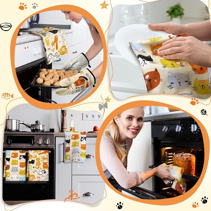 Jingmore 6 Pcs Kitchen Decor Set Accessorie Farmhouse Kitchen Towels Pot Holders Oven Mitts Set 2 Dish Towels 2 Pot Holders 2 Cooking Mittens Oven Glove for Cooking(Vivid Color,Cat)