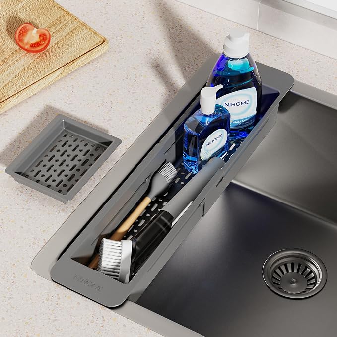 NiHome Extendable Kitchen Sink Caddy, Small Brush Sponge Storage Holder | Expandable Kitchen In Sink Organizer for Brush & Sponge w/ Drainage, Adjustable Length, Non-Slip Pads Durable ABS (Dark Gray)