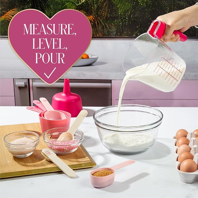 Paris Hilton 9-Piece Measuring Set, Durable Plastic Measuring Cups and Spoons With Funnel and Leveler, Dishwasher Safe, Pink