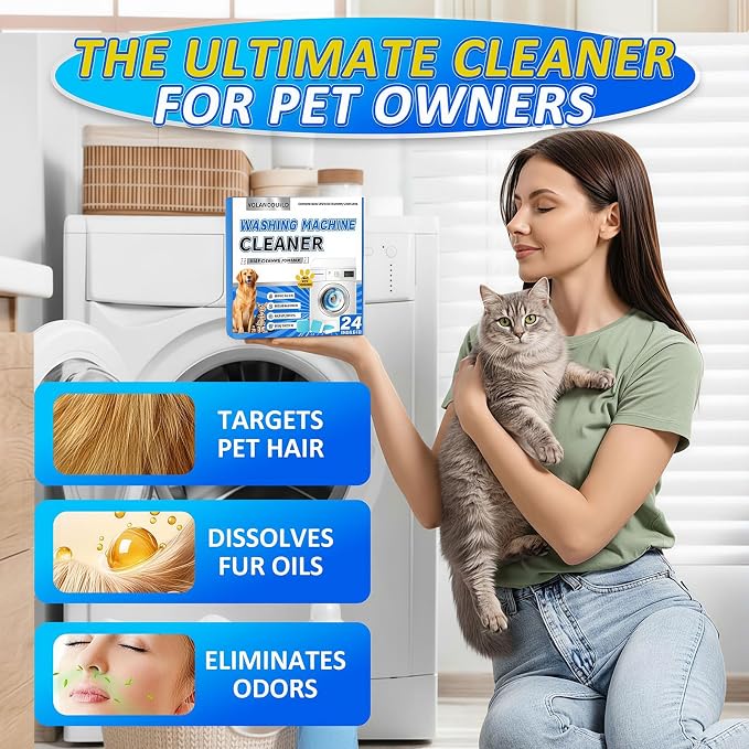 Washing Machine Cleaner Tablets - 24 Pack. Formulated for Pet Owners.Washer Machine Cleaner Remove Stubborn Pet Hair, Residue, Grime and Odors,Compatible with HE, Top & Front Load Washer