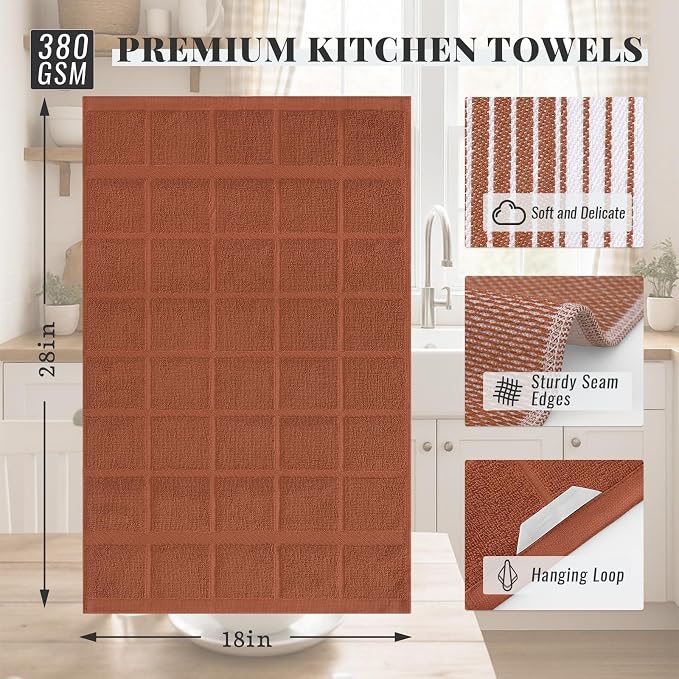 Homaxy 3 Pack Cotton Terry Premium Kitchen Towels, 18 x 28 in, Rust | Large 380 GSM Dish Towels, Highly Absorben Flat & Terry Kitchen Hand Towels, Soft Utility Tea Towel Set with Hanging Loop