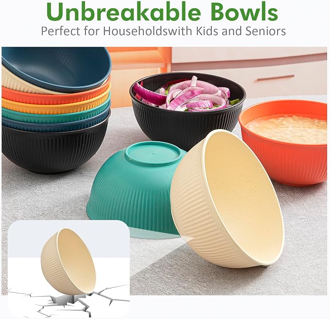 12-Pack of 24 oz Unbreakable Cereal Bowls, Reusable Plastic Lightweight Bowls, Made from Wheat Straw Fiber, Ideal for Salads, Soups, Ramen, Noodles, and Oatmeal