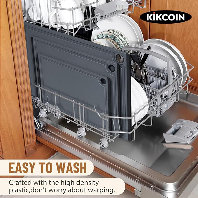 Kikcoin Plastic Cutting Boards for Kitchen, 3-Piece Large Cutting Board Set Dishwasher Safe Chopping Boards with Non-slip Feet and Juice Grooves, Gray