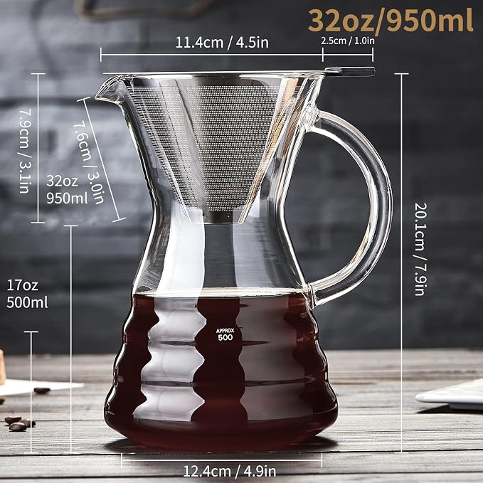 Unbreakable - Pour Over Coffee Maker with Permanent Stainless Filter 27 fl oz, Thickened Heat-Resistant Borosilicate Glass Dripper Coffee Brewer, Stovetop Safe