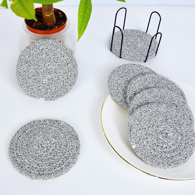 ABenkle Drink Coasters with Holder Set of 10, Cotton Woven Absorbent Coasters for Drinks, Minimalist Home Decor Coaster Set for Wooden Tabletop Protection Table, 4.3 inches