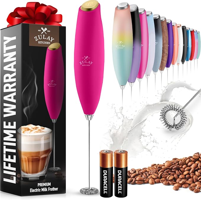 Zulay Powerful Milk Frother for Coffee with Upgraded Titanium Motor - Handheld Electric Whisk, Milk Foamer, Mini Mixer & Coffee Blender for Frappe, Latte, Matcha, No Stand - Hot Pink