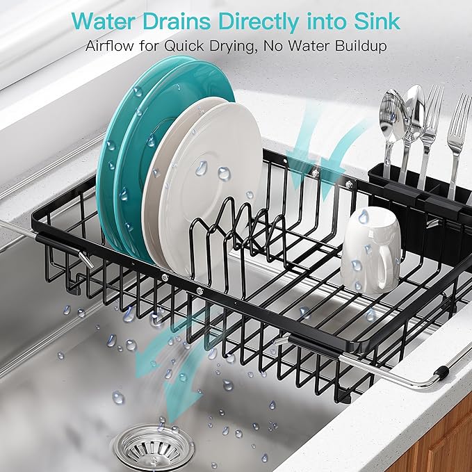 JASIWAY Black Dish Drying Rack Over the Sink with Utensil Holder | Expandable Stainless Steel Dish Driainers for Small Kitchen, Counter Space Saving, Fast Drain, Rust Resistant, For Apartment