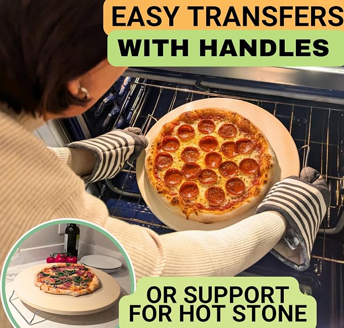 16 inch Baking Stone For Oven - Round Pizza Stone with Handles and Dough Tool - Baking Stone for Bread - Pizza Stones for Oven and Grill - Cooking Gifts for Food Lovers