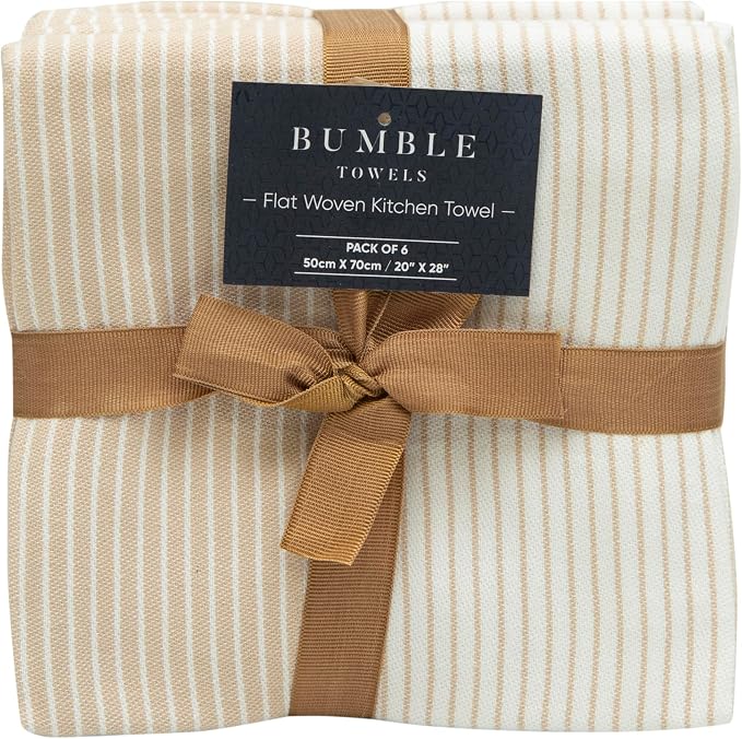Premium Kitchen Towels 6 Pack 100% Cotton, 20"x28" - Tan | 238GSM Yarn Dyed Flat Woven Stripe Dish Towel for kitchen | Kitchen hand towels with Hanging Loop | Absorbent Linen set