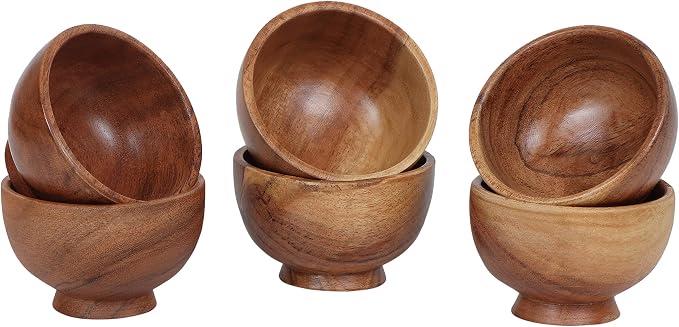 Set of 6 Acacia wood small bowls, 4 fl oz 3.2 * 2 inches | Hand carved small dipping bowls for sauce, salsa. Little bowls for ingredient prep, spices | Charcuterie boards accessories