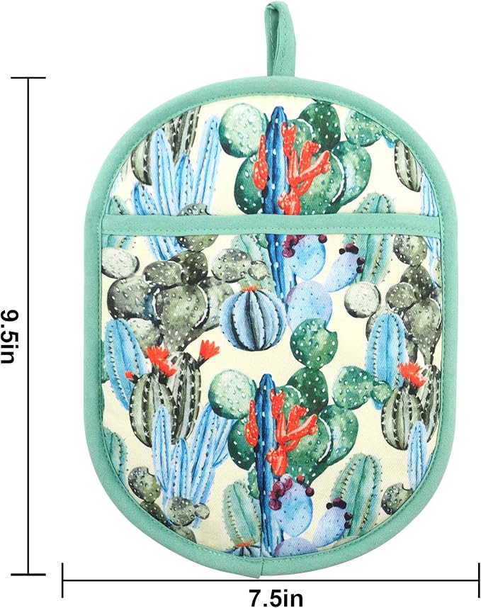 Pot Holders with Transparent Clear Silicone Shell and Nice Cactus Flower | Potholders Cotton Lining Set of 2, Heat Resistant to 500 F Kitchen Oven Gloves for Cooking (Cactus flower, Potholders)