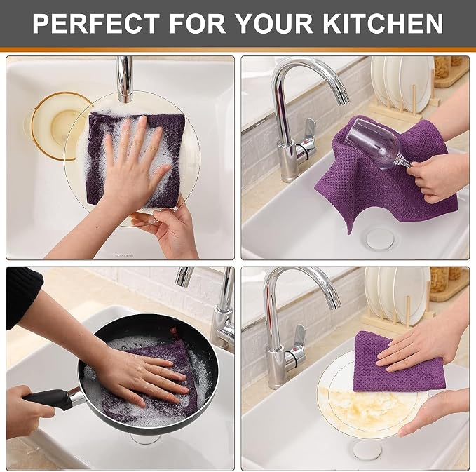 Kitinjoy 100% Cotton Waffle 8-Pack Kitchen Towels, 12" x 12", Violet | Ultra Absorbent, Super Soft, lightweight, Quick Drying Dish Rags for Washing Dishes