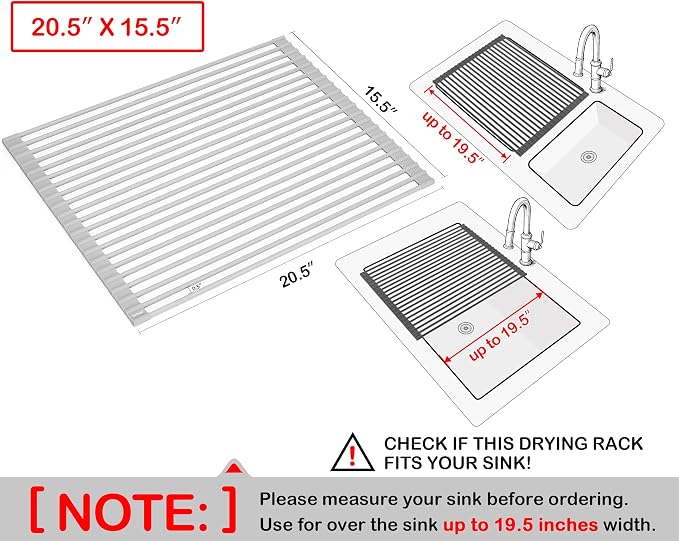 20.5 x 15.5 Inch Roll-Up Dish Drying Rack, Fits Across Sink Openings up to 19.5 Inches, Heavy-Duty Premium Silicone, Strong Support, Non-Slip, Heat-Resistant, Warm Gray