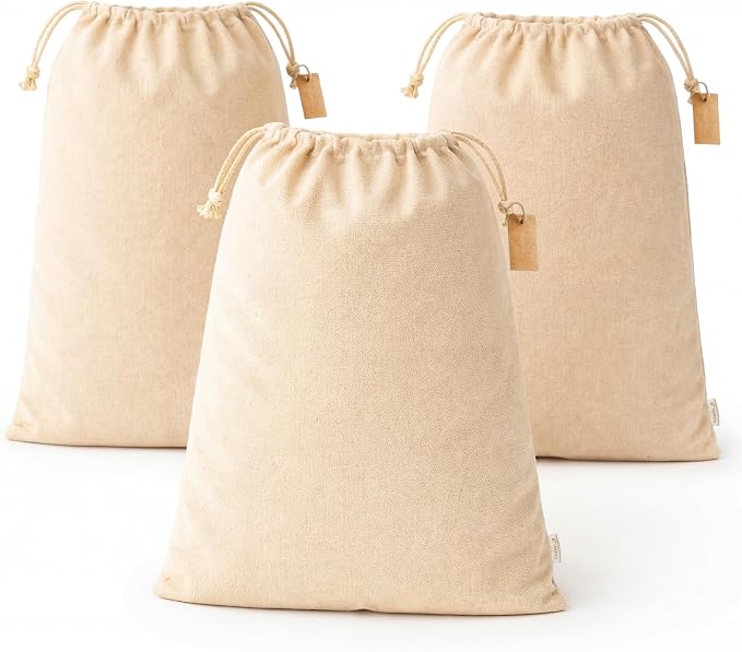 Reusable Produce Storage Bags - XX-Large 19x23 3 Pack - Breathable Muslin Fabric Sacks with Drawstrings – Dust-Proof Travel Cotton Bags for Laundry, Clothes, Purses