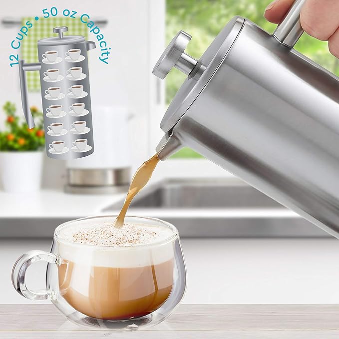 Belwares French Press Coffee Maker - Large 50oz 6-Cup, 304 Stainless Steel Coffee Press, Double Wall Insulated Heat Retention, 4-Level Filtration for Smooth Ground-Free Coffee, 2 Extra Filters, Silver