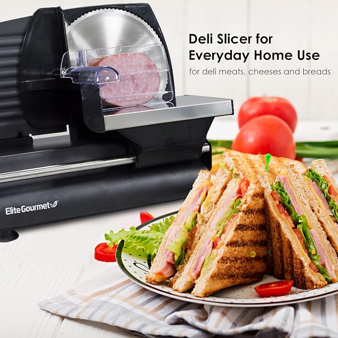 Elite Gourmet EMT-625B Deli Meat Slicer, Adjustable Thickness, 7.5" Black | Removable stainless steel blade slices cold cuts, hard cheese, vegetables & bread - ultimate precision slicing