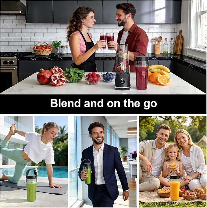 Portable Blender for Smoothies & Shakes, 17oz Personal Blender with 6 Stainless Steel Blades, USB-C Rechargeable, LED Display, Compact Travel Juicer with Extra Lid for Gym, Office & On-the-Go, Black