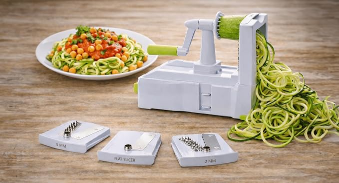Brieftons 5-Blade Vegetable Spiralizer & Veggie Noodle Maker: Japanese 420-Grade Steel Blades for Zucchini Pasta, Sweet Potato & Beet Noodles, Strong Suction Pad, 4 Recipe eBooks | Keto Vegan Paleo