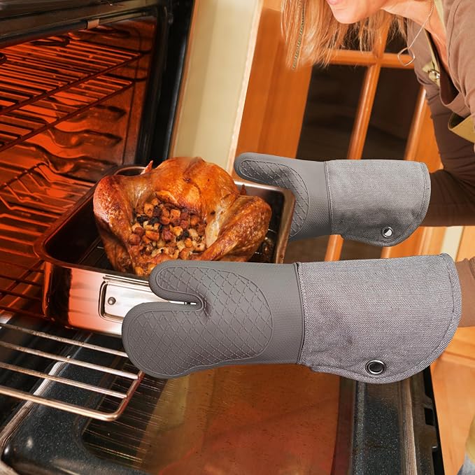 Professional Microwave Silicone Oven Mitts one Pair, Kitchen Mitten Set | Heat Resistant with 500 Degrees Oven Gloves Pot Holder for BBQ Cooking Baking (Khaki)