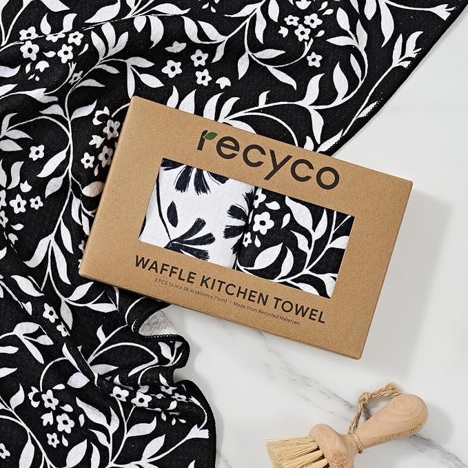 RECYCO Waffle Kitchen Towel Set of 2 - Quick Dry Microfiber Sustainable Dish Towels - Ultra Absorbent Reusable Cleaning Tea Towels - Lightweight Hand Towels,16”x 28”, Black & White Florals