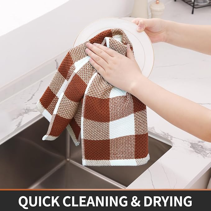 Homaxy Kitchen Towels and Dishcloths Set, Set of 10, White & Rust | Bulk Cotton Waffle Weave Check Plaid Kitchen Towels, Super Soft and Absorbent Dish Cloths, 12 x 12 and 13 x 28 Inches