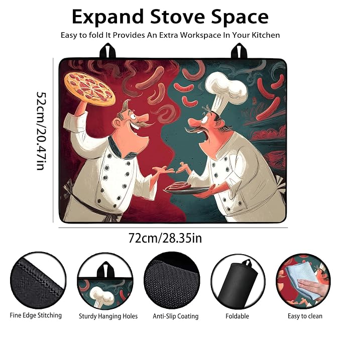 Electric Stove Top Cover for Glass Top, Funny Chef Pizza Decor – Heat Resistant Flat Stove Top Covers, Decorative Scratch Protector Mat for Glass Ceramic Cooktop, Non-Slip, 28"x20"
