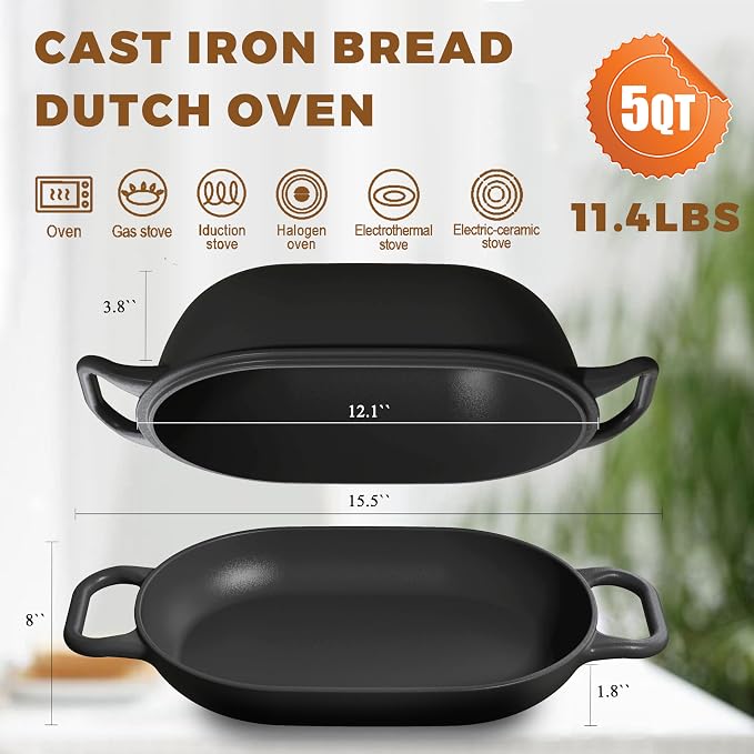 12 x 8 Inch 5QT Oval Dutch Oven for Bread Baking, Cast Iron | Bread Oven with Lid for Sourdough Baking, Dutch Oven Bread Loaf Pan Creates Crispy Crust for Artisan Homemade Bread