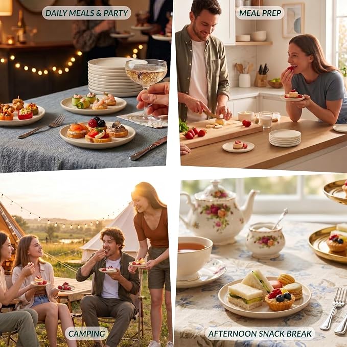 Small Plates | 5.7 Inch Lightweight & Unbreakable Wheat Straw Plates | Mini Dessert Plate Set, Microwave & Dishwasher Safe Set of 8 -Beige