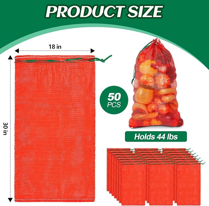 Berlune 50 Pcs Reusable Mesh Bags 18 x 30'' Holds 44 Lbs Onion Fruit Vegetable Seafood Storage Bags for Grocery Packaging Supply Net (Red)