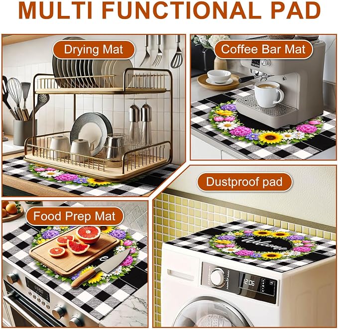 HOMETITUTE Spring Stove Top Covers for Electric Stove 28x20 Inches Welcome Floral Ring Buffalo Plaid Glass Cooktop Protector Pad Decorative Stovetop Cover Dish Drying Mats for Kitchen Decor