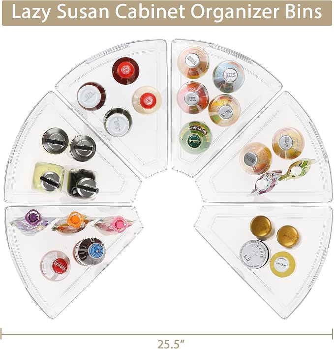 URALFA lazy susan organizer for cabinet, 1/8 Wedge, 6 Pack | Plastic Storage Containers with Non-Slip Pads, Fits 26"/28"/32" Corner, Food Safe & BPA-Free, Stackable Wedge Design