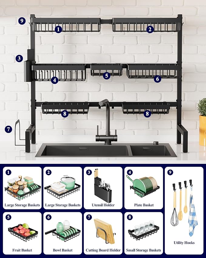 Kitsure Adjustable Over The Sink Dish Drying Rack, 31.5" -39.4" x 30.3" | Sink Drying Rack for Kitchen Sink, Dish Rack Over Sink with Cutlery & Utensil Holders, Kitchen Storage, Black