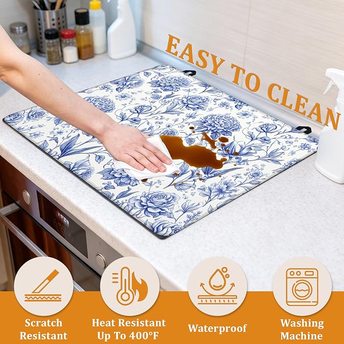 Blue Floral Glass Top Stove Cover Protector,Retro Spring Flowers Heat Resistant Stove Top Cover, Large Size Range Covers for Electric Stove Countertop Mat, 28 x 20 Inch