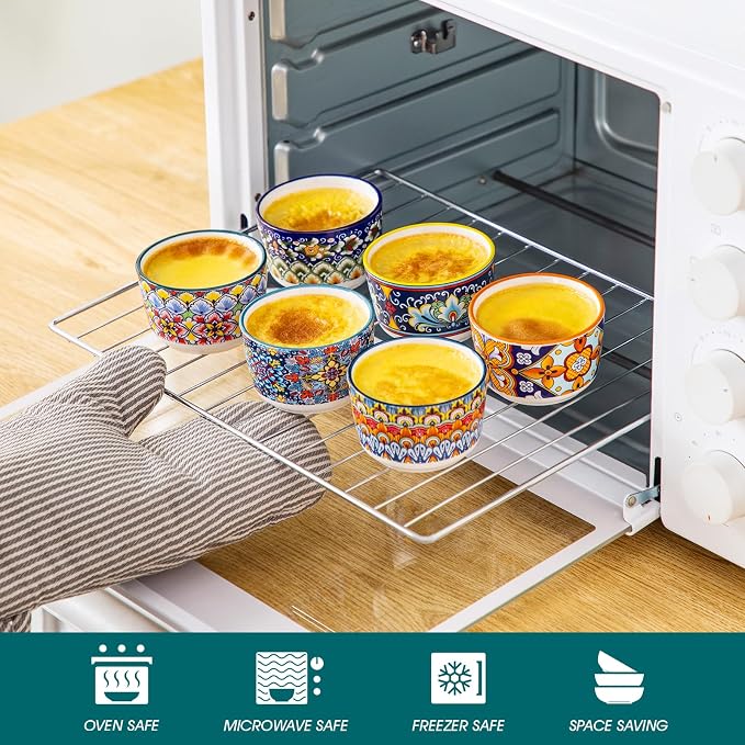 vancasso 4 Oz Ramekins Oven Safe Set of 6, Ceramic Baking Souffle Dishes | Bohemian Ramekins for Creme Brulee, Souffle, Custard, Pudding, Small Bowls for Dipping Sauce, Ice Cream