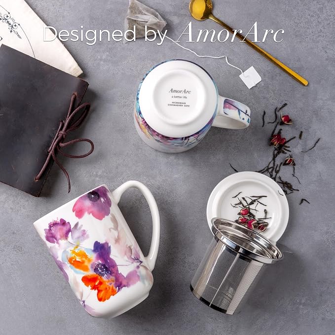 AmorArc Tea Cup With Infuser and Lid, 18oz Loose Leaf Tea Mug With Steeper | Porcelain Tea Mug With Infuser and Lid, Large Strainer Tea Cup with Lid for Tea, Coffee Mug for House-warming Birthday Gift