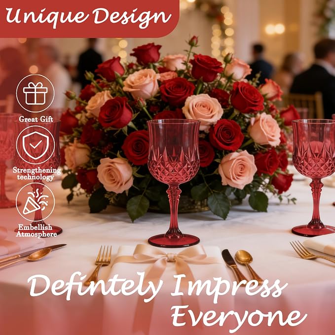 24Pack Plastic Wine Glasses, 7oz Vintage Goblets for Wedding | Unbreakable Crystal Style Reusable Stemware, Elegant Burgundy Drinking Glass for Party Anniversary & Holiday Celebration