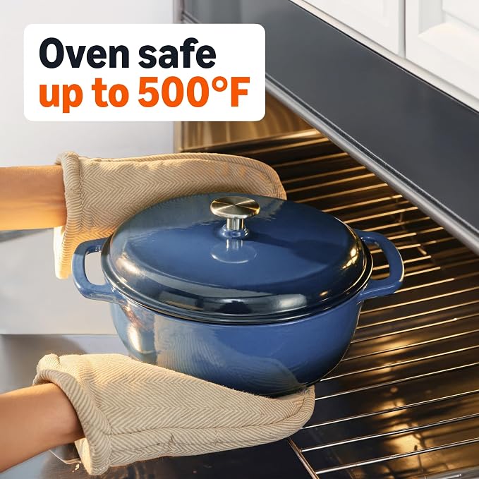 Amazon Basics Enameled Cast Iron Dutch Oven Pot with Lid, Round, Dual Handles, Heavy-Duty, Oven Safe for Stews, Roasting, Baking, 7.3-Quart, Navy
